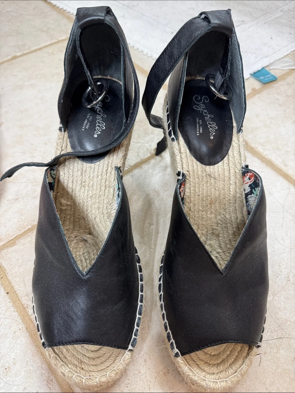 Seychelles Black Leather Peep-Toe Espadrille Wedge Sandals